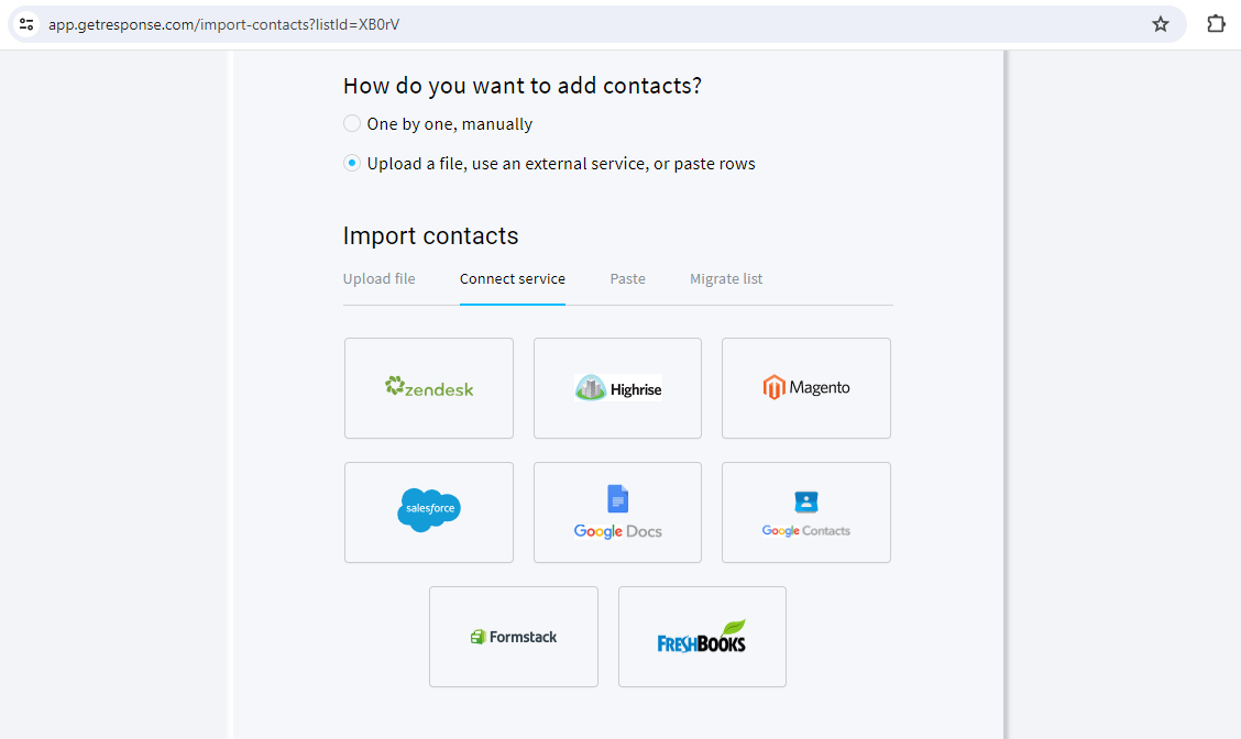 Opciones de importaci&oacute;n de contactos de GetResponse