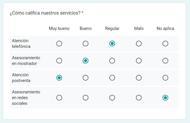 Pregunta de cuadrícula de múltiples opciones 