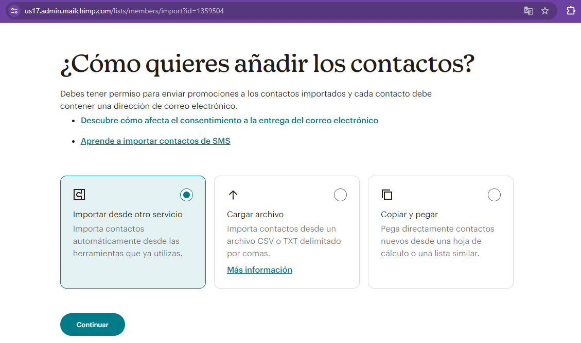 Opciones de importaci&oacute;n de contactos de MailChimp