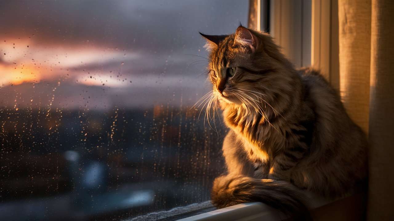 Fondo de escritorio de gato en la ventana generado con IA