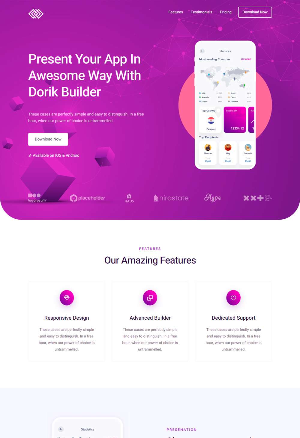 Plantilla para landing page App de Dorik