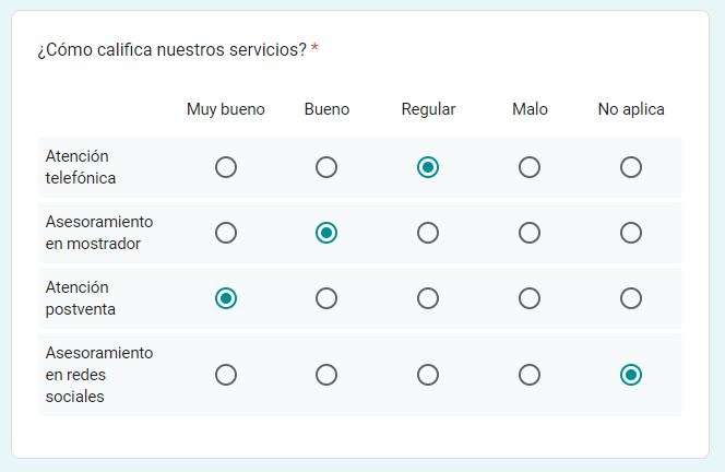 Pregunta de cuadrícula de múltiples opciones 