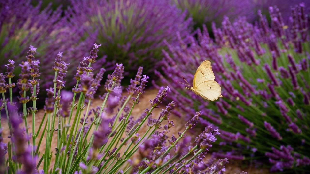 Fondo de escritorio de mariposa en campo de lavandas generado con IA