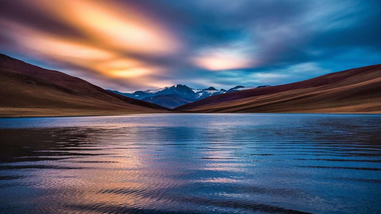 Fondo de escritorio de lago y montañas generado con IA